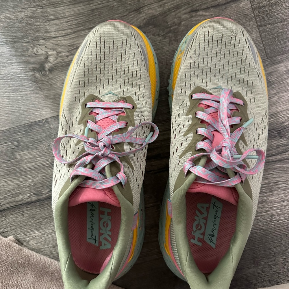 Hoka One One Cream and Pink Athletic Shoes with Mesh Upper